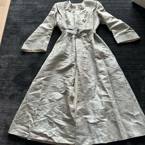 Vintage Elegant Silver Brocade Long Coat